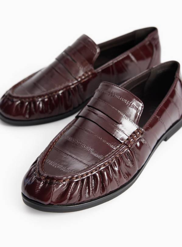 Dark Red Faux Leather Eel Detail Penny Loafers 6